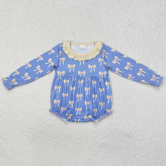 Baby Infant Girls Rompers Blue Bows Ruffle Long Sleeve Rompers LR1941