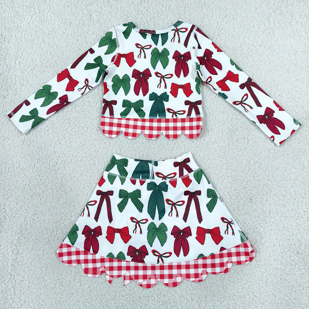 Baby Girls Clothes Green Red Bows Top Bows Skirt Short Christmas Yoga Active Scallop Clothes Set GLD1677