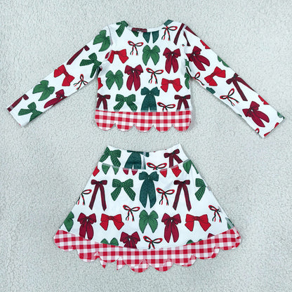 Baby Girls Clothes Green Red Bows Top Bows Skirt Short Christmas Yoga Active Scallop Clothes Set GLD1677