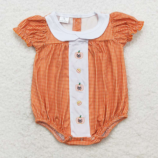 Baby Infant Girls Rompers Fall Orange Checkered Pumpkin Short Sleeve Rompers SR1879