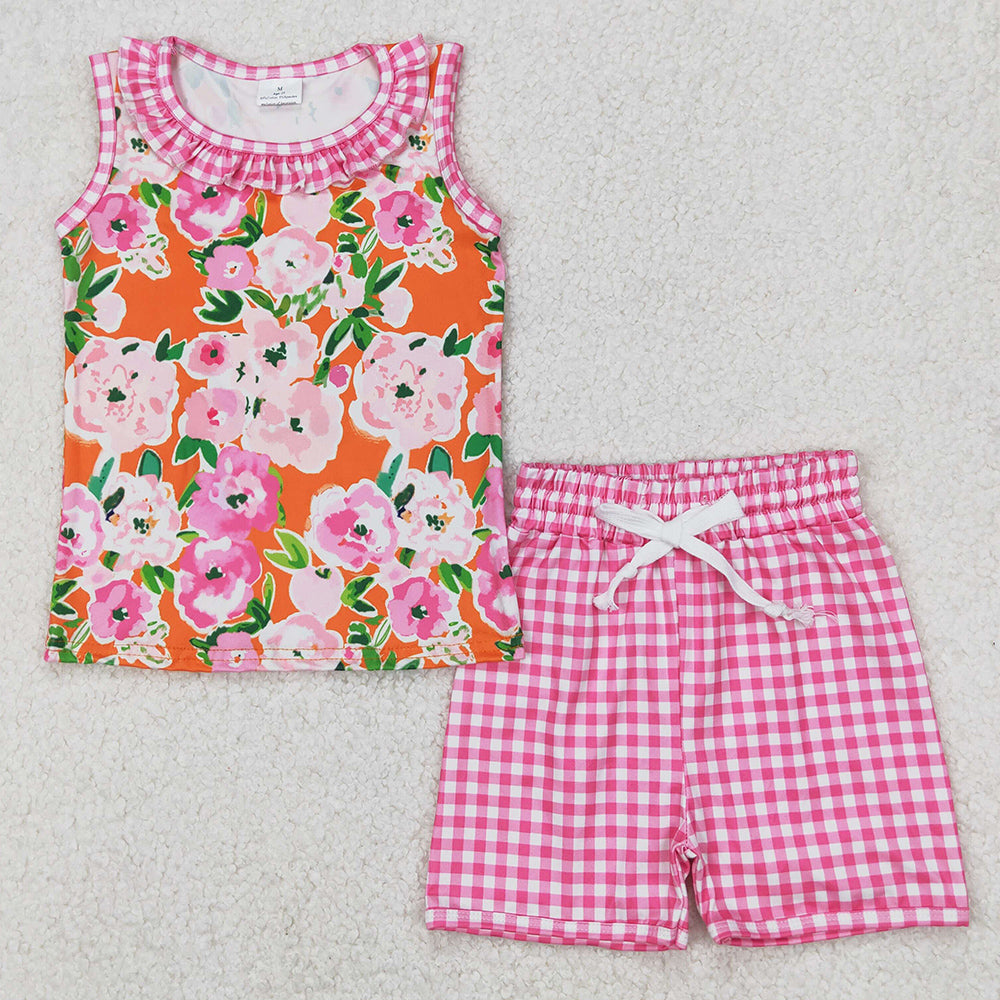 Baby Girls Clothes Pink Plaid Sleeveless Floral Top Short Set GSSO2413