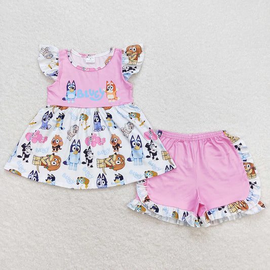 Baby Girls Clothes Pink Dog Flutter Sleeve Tunic Top Ruffle Shorts Sets GSSO0388