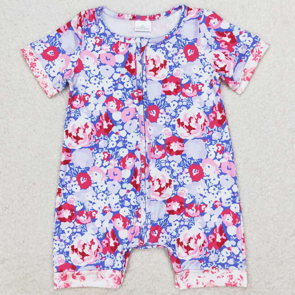 Baby Infant Girls Rmper Purple Flowers Zip Short Sleeve Rompers SR1767