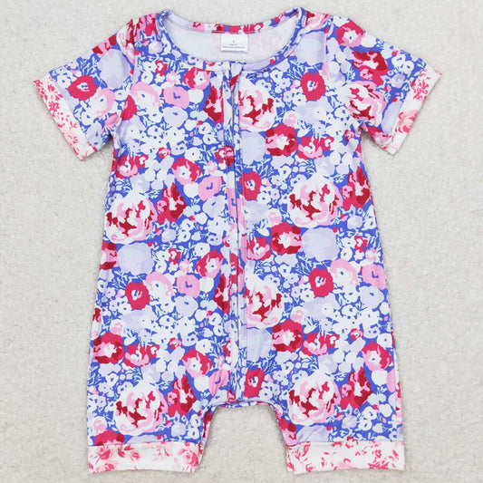 Baby Infant Girls Rmper Purple Flowers Zip Short Sleeve Rompers SR1767