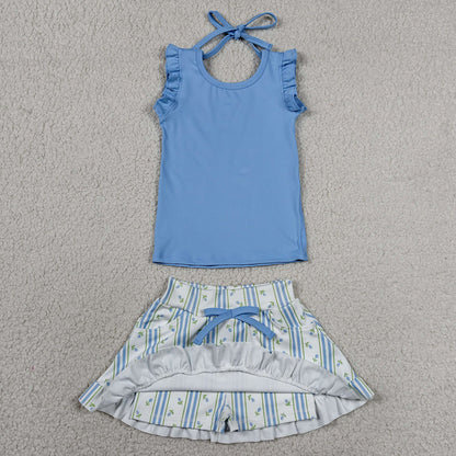 Baby Girls Clothes Blue Sleeveless Top Flowers Skirt Shorts Yoga Active Clothes Set GSD3906
