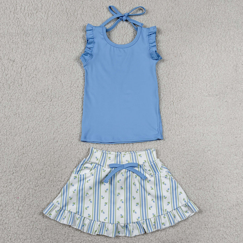 Baby Girls Clothes Blue Sleeveless Top Flowers Skirt Shorts Yoga Active Clothes Set GSD3906