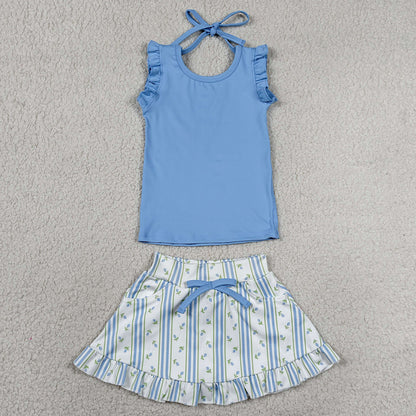 Baby Girls Clothes Blue Sleeveless Top Flowers Skirt Shorts Yoga Active Clothes Set GSD3906