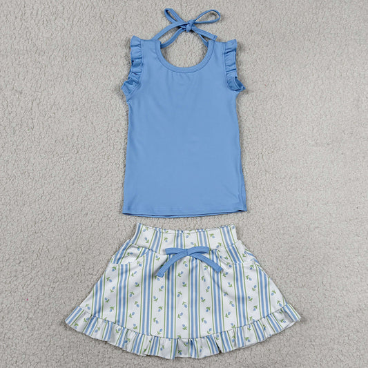 Baby Girls Clothes Blue Sleeveless Top Flowers Skirt Shorts Yoga Active Clothes Set GSD3906