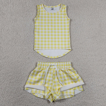 Baby Girls Clothes Yellow Checked Vests Top Butterfly Short Yoga Active Clothes Set GSSO3475