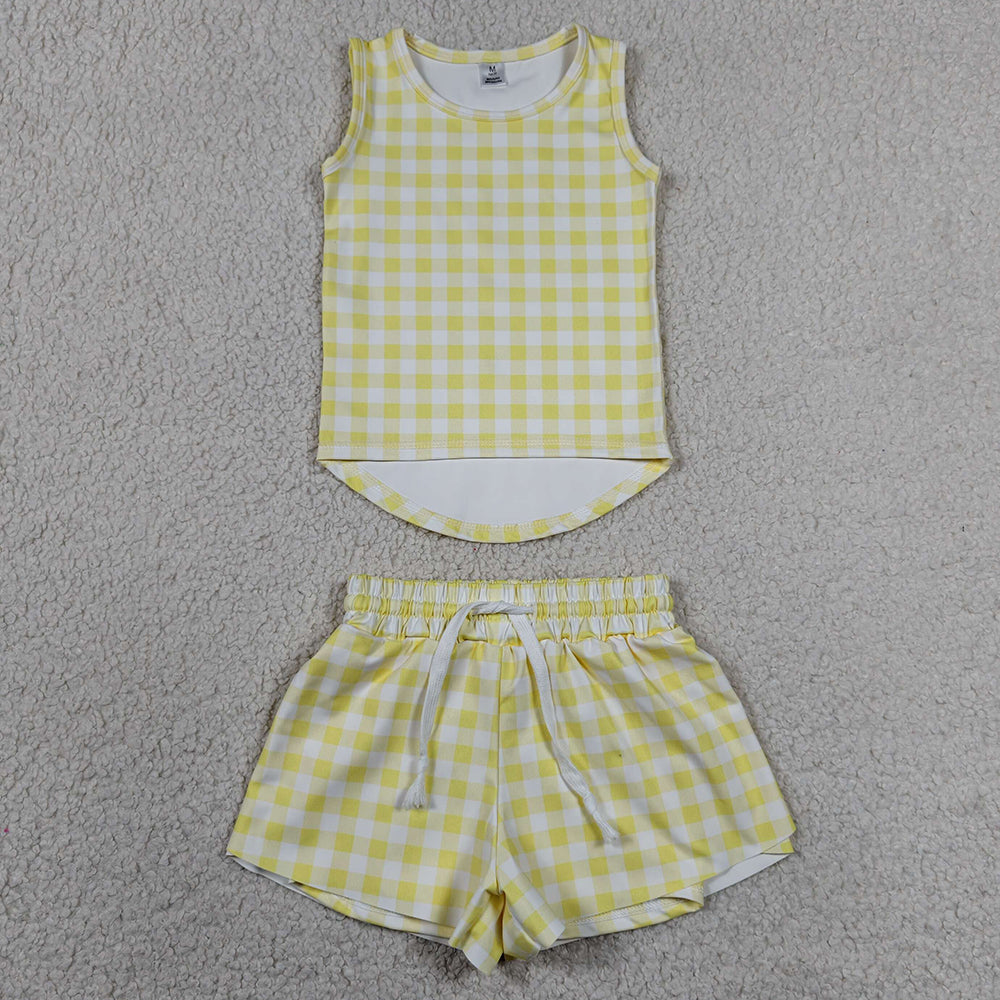 Baby Girls Clothes Yellow Checked Vests Top Butterfly Short Yoga Active Clothes Set GSSO3475