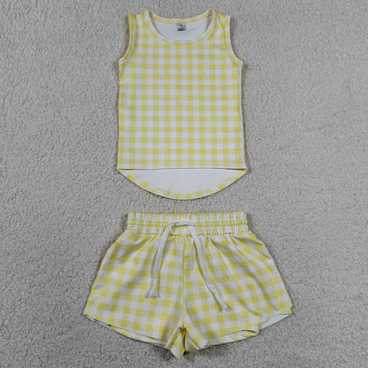 Baby Girls Clothes Yellow Checked Vests Top Butterfly Short Yoga Active Clothes Set GSSO3475