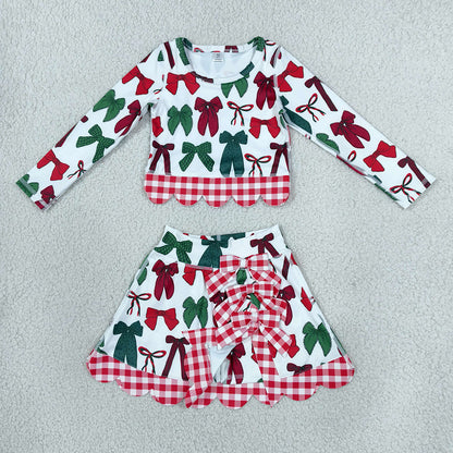 Baby Girls Clothes Green Red Bows Top Bows Skirt Short Christmas Yoga Active Scallop Clothes Set GLD1677