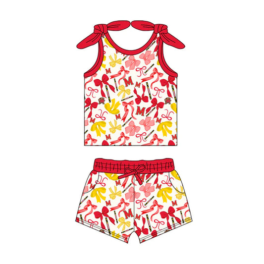 Preorder MOQ 5 pcs sleeveless M red bow top shorts girls team clothes 8.23
