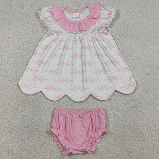 Baby Girls Clothes Pink Bows Collar Scallop Tunic Bummies Clothes Sets GBO0501