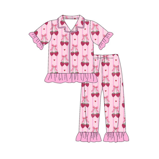 Preorder(moq 8)Baby Girls Bows Strawberry Hearts Stripe Top Ruffle Pants Pajamas Sets 10.1