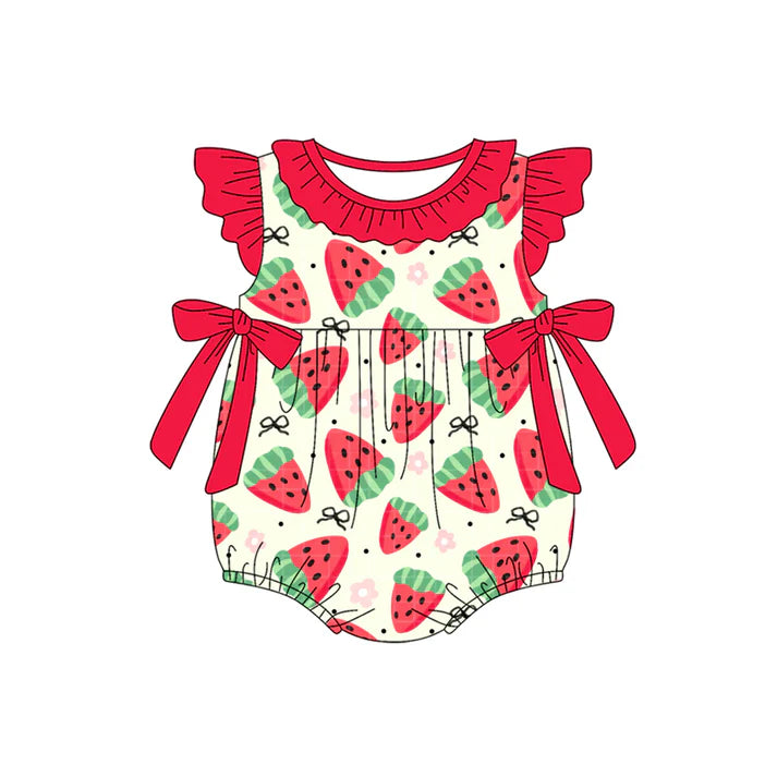 Preorder moq 5 Baby Girls Red Flutter Sleeves Bows Strawberry Ruffle Rompers 4.17
