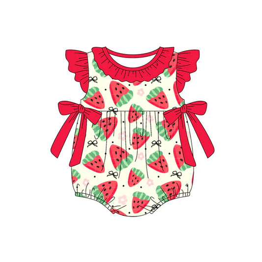 Preorder moq 5 Baby Girls Red Flutter Sleeves Bows Strawberry Ruffle Rompers 4.17