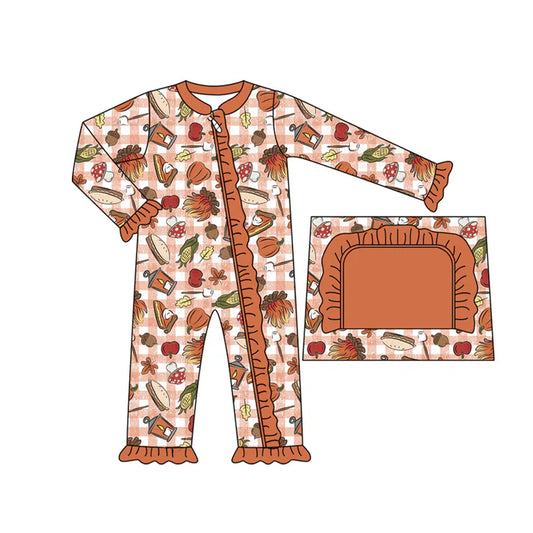 Preorder moq 5 Baby Infant Girls Long Sleeves Brown Plaid Pie Pumpkins Ruffle Zipper Romper 7.14