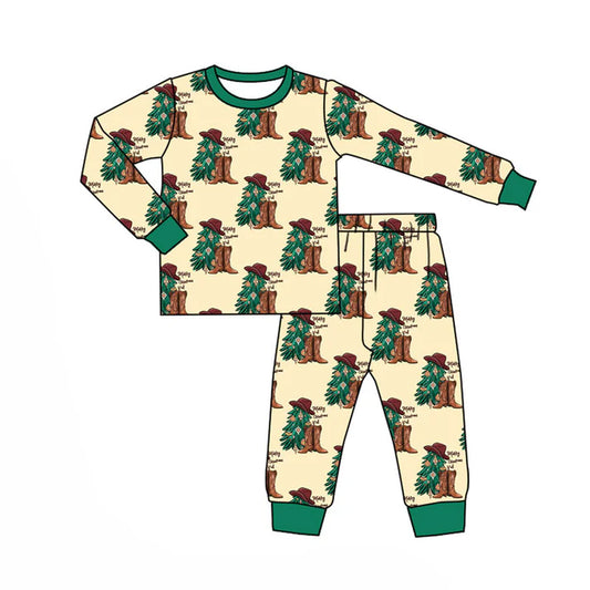 Preorder (moq 8)Baby Boys Merry Christmas Trees Boots Checked Top Pants Pajamas Set 9.16