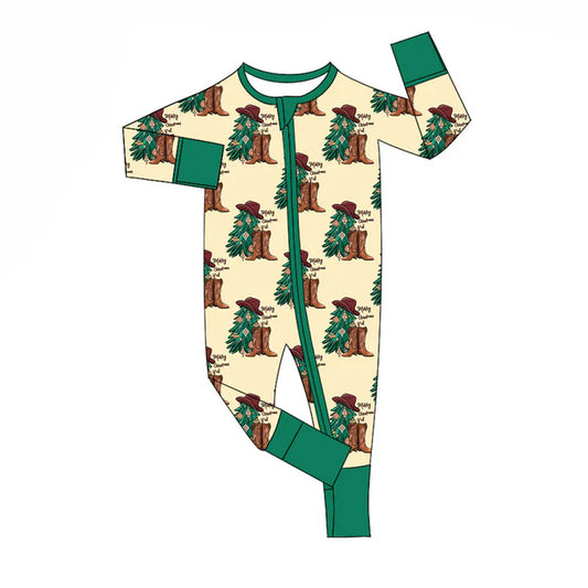 Preorder (moq 8)Baby Boys Merry Christmas Trees Boots Checked Zipper Footie Rompers 9.16