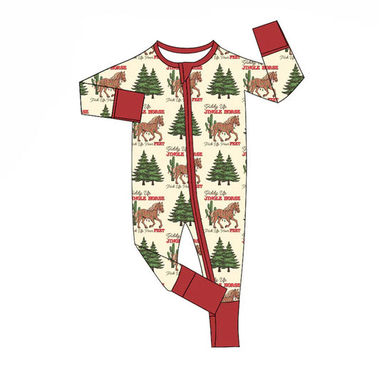 Preorder (moq 8)Baby Boys Trees Horses Cactus Merry Christmas Zipper Footie Rompers 9.15