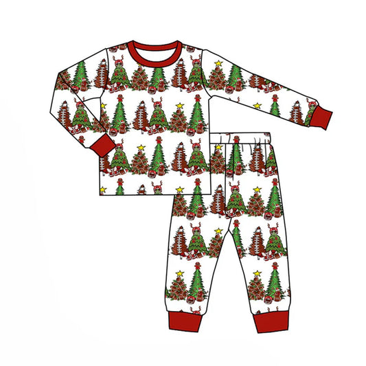 Preorder (moq 8)Baby Boys Trees Footballs Checked Top Pants Christmas Pajamas Set 9.16
