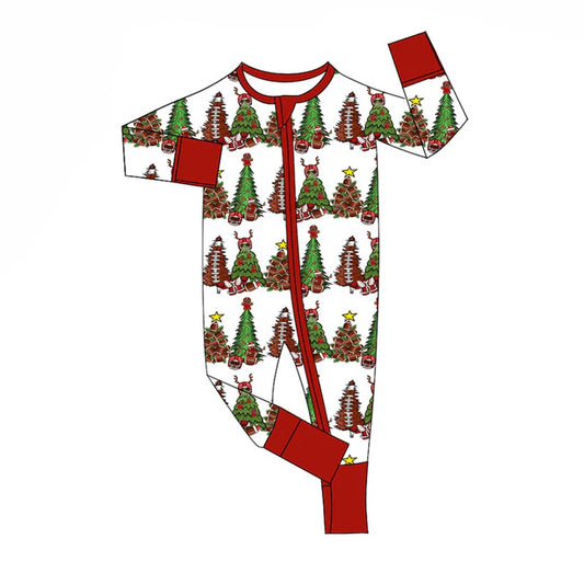 Preorder (moq 8)Baby Boys Trees Footballs Checked Christmas Zipper Footie Rompers 9.16