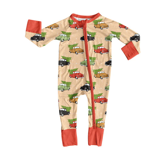 Preorder (moq 8)Baby Boys Green Red Cars Trees Christmas Zipper Footie Rompers 9.24