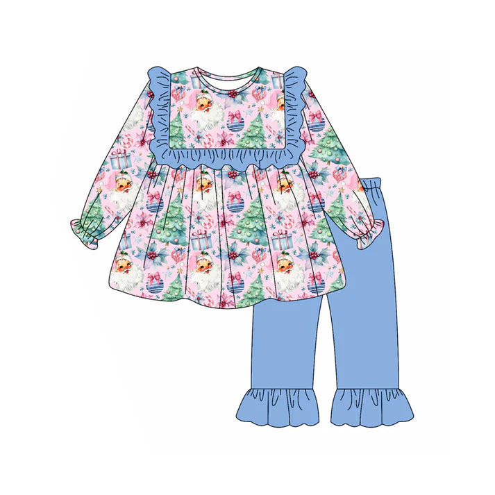 Preorder (moq 5)Baby Girls Blue Long Sleeves Santa Trees Gifts Tunic Ruffle Pant Set 6.2