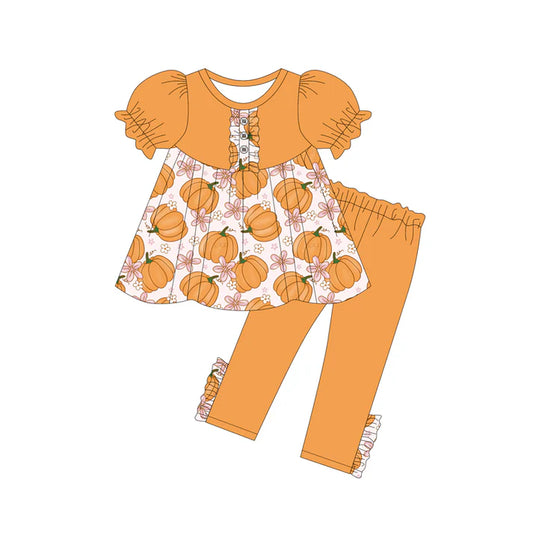 Preorder (moq 5)Baby Girls Orange Short Ruffle Sleeves Flowers Pumpkins Tunic Legging Pant Sets 6.10