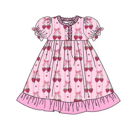 Preorder(moq 8)Baby Girls Bows Strawberry Hearts Stripe Button Ruffle Knee Length Dress 10.1