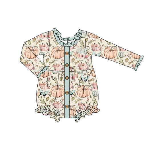 Preorder (moq 5)Baby Girls Long Ruffle Sleeves Pumpkins Butterfly Button Rompers 5.28