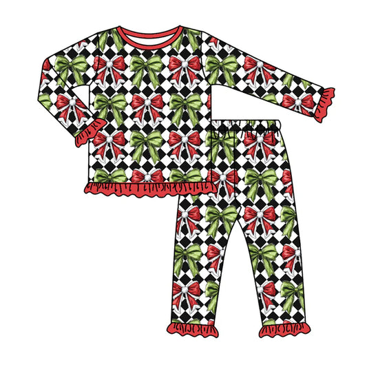 Preorder(moq 5) Baby Girls Long Ruffle Sleeves Green Red Bows Plaid Top Pants Pajamas Set 7.24