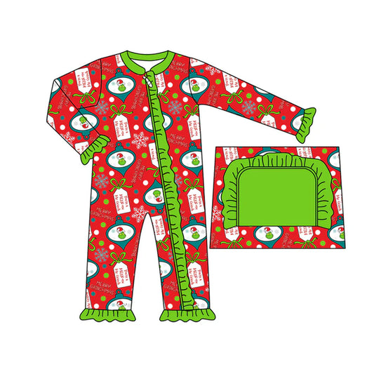 Preorder(moq 5)Baby Girls Long Sleeves Green Faces Bows Plaid Ruffle Zipper Rompers 7.25