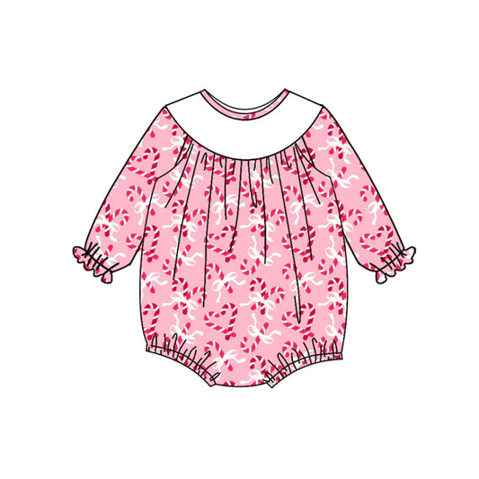 Preorder (moq 5)Baby Girls Long Sleeves Pink Bows Candy Cane Plaid Ruffle Romper 7.5