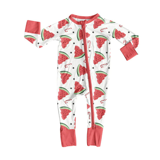 preorder(moq 5)Baby Infant Boys Long Sleeves Watermelon Candy Cane Christmas Zipper Rompers 7.31