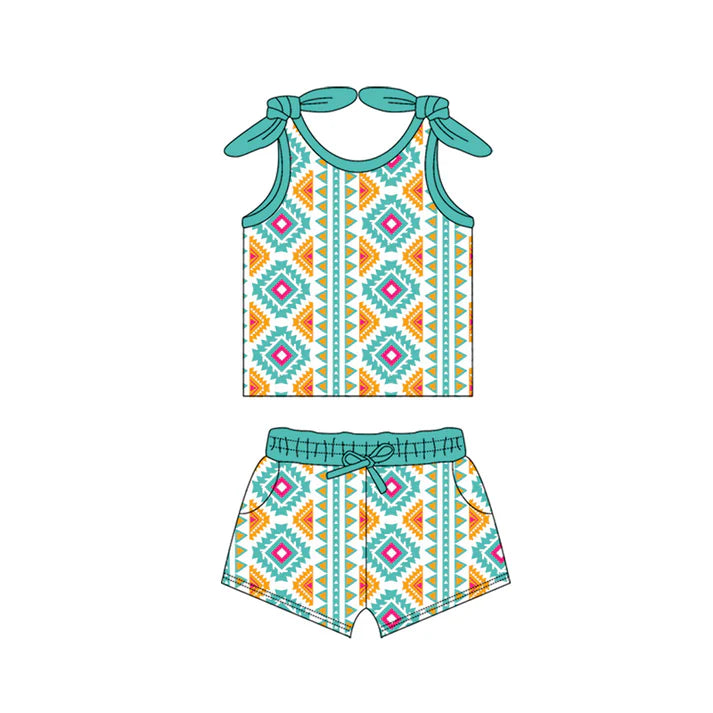 Preorder moq 5 Baby Girls Bows Sleeveless Aztec Plaid Top Pockets Short Set 4.15