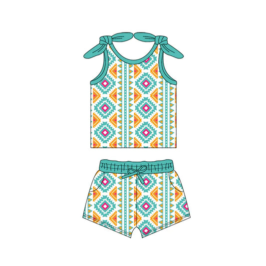 Preorder moq 5 Baby Girls Bows Sleeveless Aztec Plaid Top Pockets Short Set 4.15