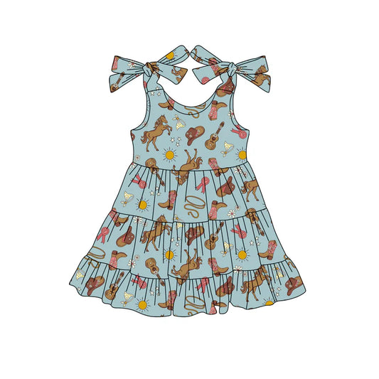 Preorder (moq 5)Baby Girls Blue Strap Boots Guitars Knee Length Dresses 4.24