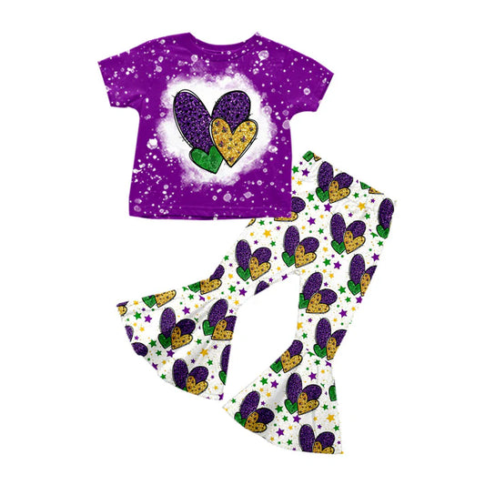 Preorder (moq 8)Baby Girls Purple Yellow Green Hearts Top Bell Bottom Pants Mardigras Clothes Sets 9.9