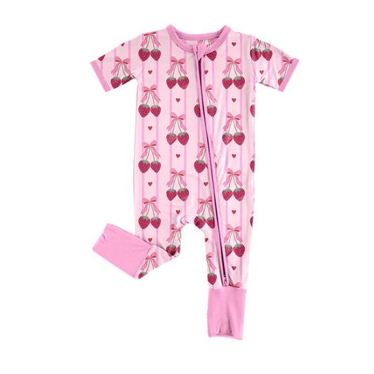 Preorder (moq 8)Baby Girls Bows Strawberry Hearts Stripe Zipper Footie Rompers 10.1