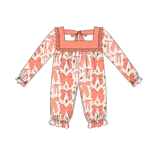 Preorder (moq 5)Baby Girls Long Ruffle Sleeves Peach Leaves Bows Rompers 5.17