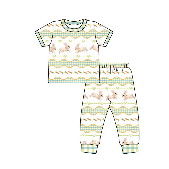 Preorder(moq 5) Baby Girls Rabbits Carrots Bows Stripe Top Pants Easter Pajamas Sets 10.14