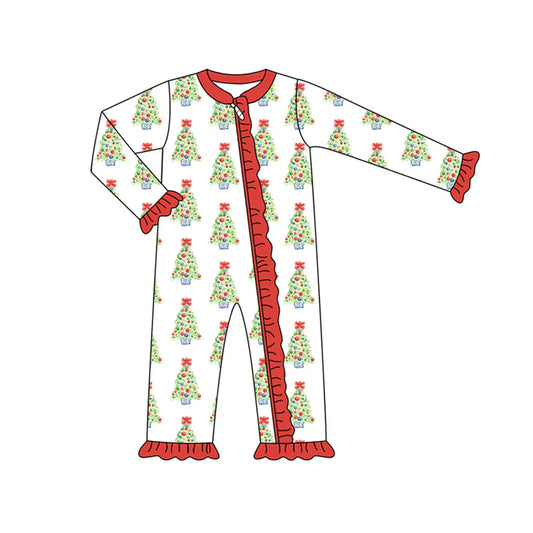 Preorder (moq 5)Baby Girls Long Sleeves Red Bows Trees Plaid Ruffle Zipper Romper 7.5