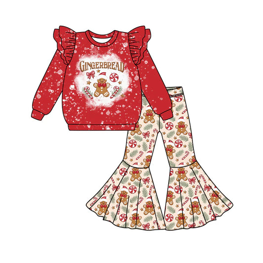 Preorder (moq 5)Baby Girls Red Long Sleeves Bows Gingerbread Top Bell Bottom Pant Set 6.2