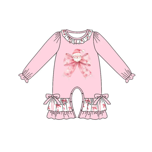 Preorder (moq 5)Baby Girls Pink Long Sleeves Bow Santa Ruffle Pant Rompers 6.13