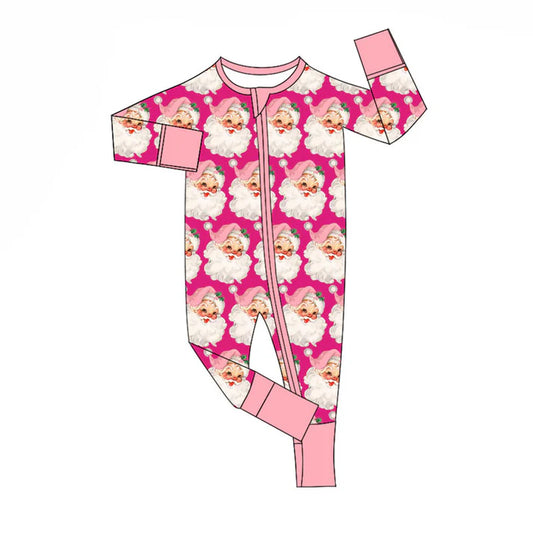 Preorder (moq 8)Baby Girls Pink Santa Checked Christmas Zipper Footie Rompers 9.15