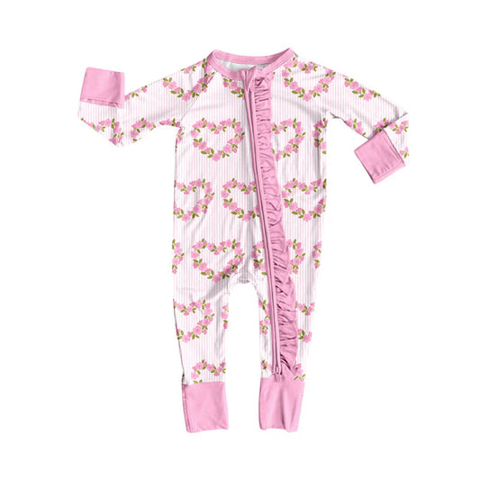 Preorder (moq 5)Baby Girls Pink Flower Hearts Valentine Ruffle Zipper Footie Rompers 9.6