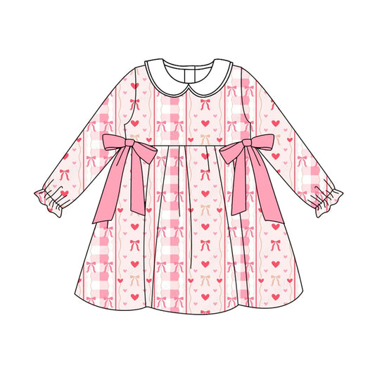 Preorder (moq 5)Baby Girls Long Ruffle Sleeves Pink Bows Hearts Stripe Knee Length Dress 7.28