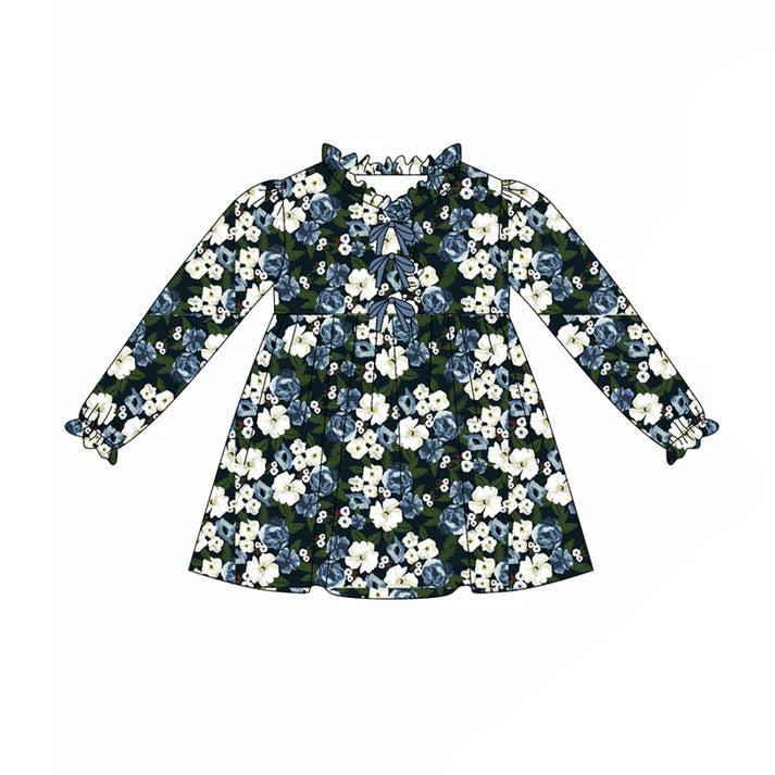 Preorder(moq 5) Baby Girls Long Ruffle Sleeves Hot Blue Floral Knee Length Dresses 7.24